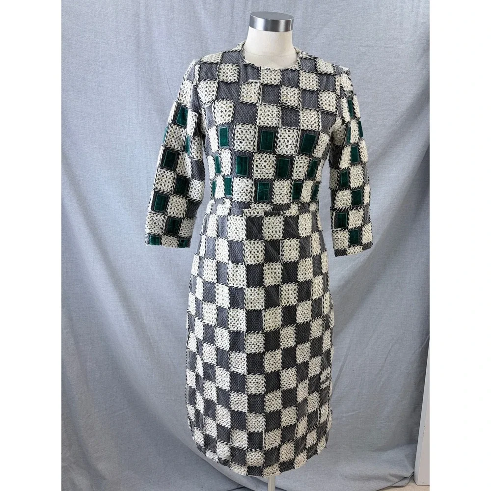 Sara Navon‎ Womens Grey Cream Checkered Velvet Accent Sheath Midi Dress Small